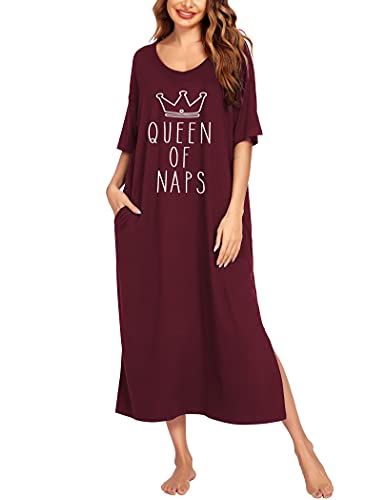 Ekouaer Women Long Nightgown Soft Short Sleeve O Neck Sleepwear Plus Size Night Shirt Nightshirt Wine Red XXXL