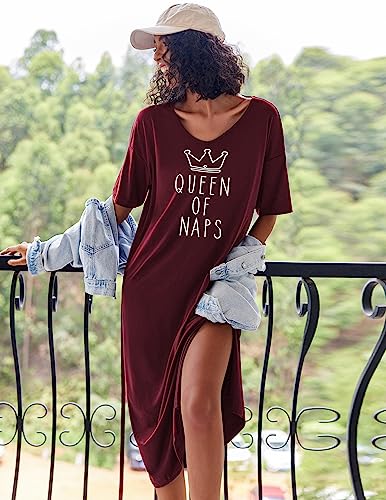 Ekouaer Women Long Nightgown Soft Short Sleeve O Neck Sleepwear Plus Size Night Shirt Nightshirt Wine Red XXXL