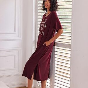 Ekouaer Women Long Nightgown Soft Short Sleeve O Neck Sleepwear Plus Size Night Shirt Nightshirt Wine Red XXXL