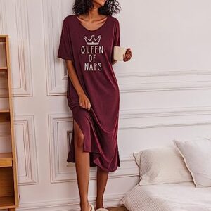 Ekouaer Women Long Nightgown Soft Short Sleeve O Neck Sleepwear Plus Size Night Shirt Nightshirt Wine Red XXXL