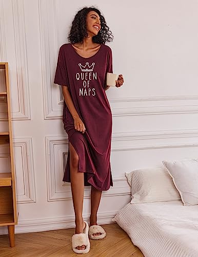 Ekouaer Women Long Nightgown Soft Short Sleeve O Neck Sleepwear Plus Size Night Shirt Nightshirt Wine Red XXXL