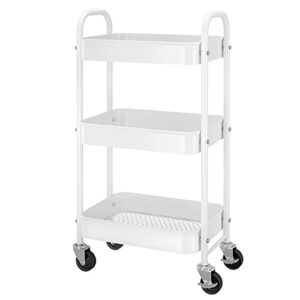 simple trending 3-tier heavy duty metal utility rolling storage cart with lockable wheels, white