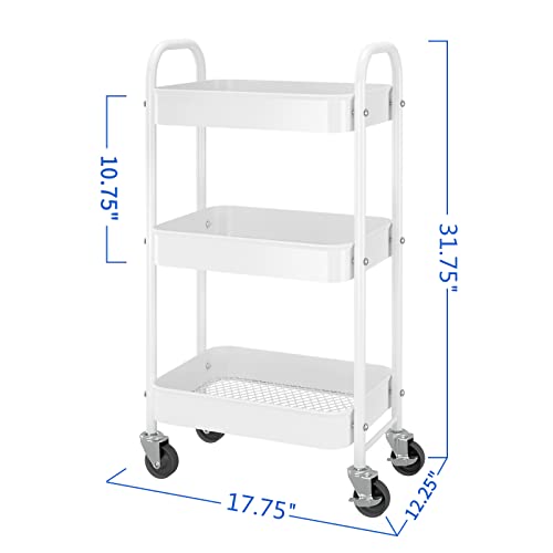 Simple Trending 3-Tier Heavy Duty Metal Utility Rolling Storage Cart with Lockable Wheels, White