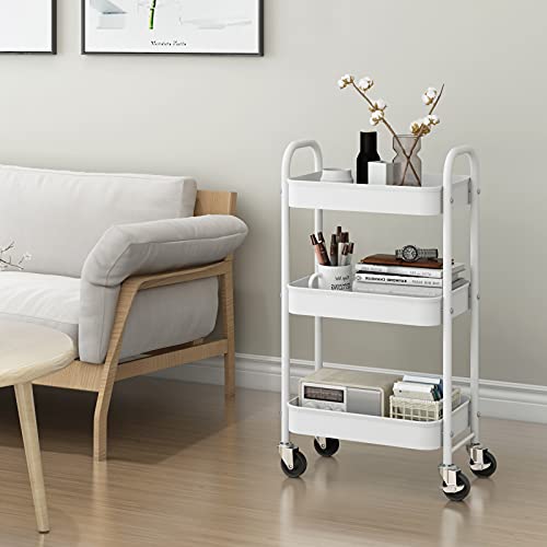 Simple Trending 3-Tier Heavy Duty Metal Utility Rolling Storage Cart with Lockable Wheels, White