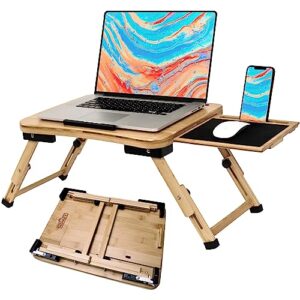 foldable laptop bed desk with mouse pad, adjustable folding bamboo tray lap stand table for work breakfast college students - fits up to 17 inch laptops