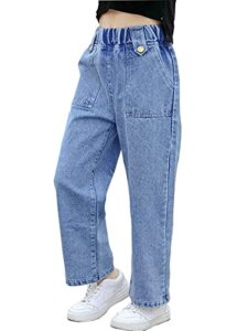littlexin kids girls' casual wide leg denim pants elastic waist jeans age 4-14 years(be,8-9 years)