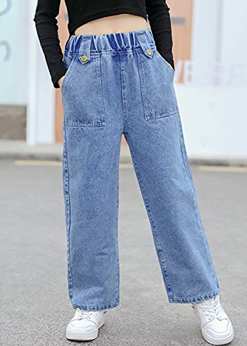 LittleXin Kids Girls' Casual Wide Leg Denim Pants Elastic Waist Jeans Age 4-14 Years(BE,8-9 Years)