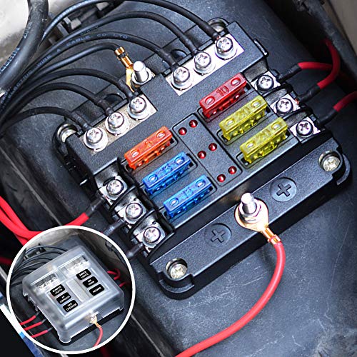 6 Way Fuse Block,12V Blade Fuse 6 Circuit ATC/ATO Waterproof Fuse Box Holder with LED Indicator Waterpoof Cover for 12V/24V Automotive Truck Boat Marine RV Van Vehicle