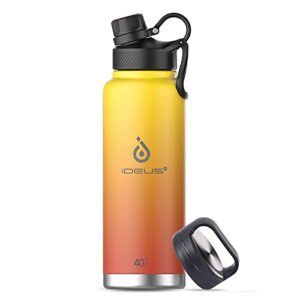ideus insulated stainless steel water bottle with 2 leak-proof lids, thermal water flask for hiking biking, 40oz, yellow