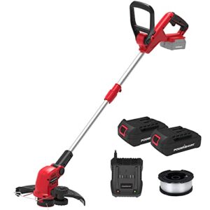 powersmart 20v li-ion cordless string trimmer, one battery-auto feed thread trimmer, 12 inch cutting diameter, height adjustable cordless edger trimmer included a fast charger and two battery