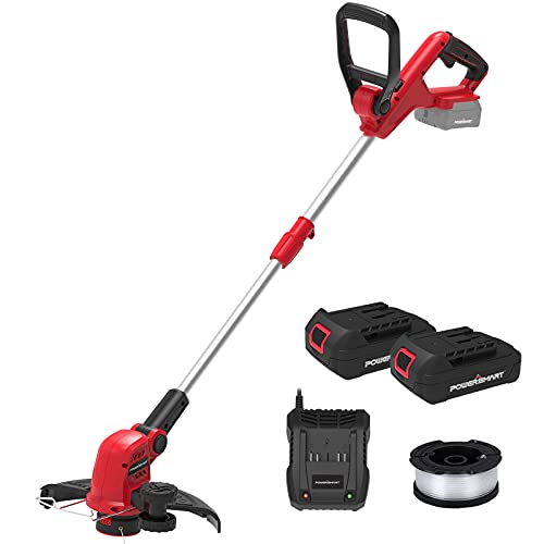 PowerSmart 20V Li-Ion Cordless String Trimmer, One Battery-Auto Feed Thread Trimmer, 12 INCH Cutting Diameter, Height Adjustable Cordless Edger Trimmer Included A Fast Charger and Two Battery