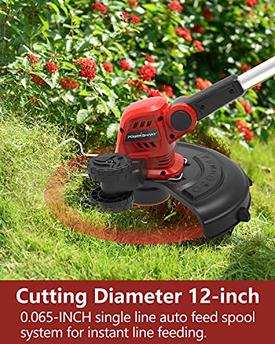 PowerSmart 20V Li-Ion Cordless String Trimmer, One Battery-Auto Feed Thread Trimmer, 12 INCH Cutting Diameter, Height Adjustable Cordless Edger Trimmer Included A Fast Charger and Two Battery
