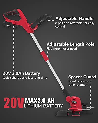 PowerSmart 20V Li-Ion Cordless String Trimmer, One Battery-Auto Feed Thread Trimmer, 12 INCH Cutting Diameter, Height Adjustable Cordless Edger Trimmer Included A Fast Charger and Two Battery