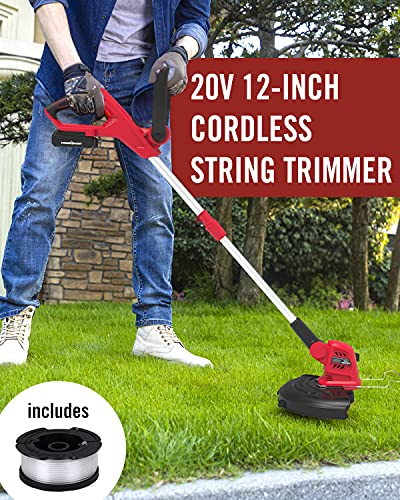 PowerSmart 20V Li-Ion Cordless String Trimmer, One Battery-Auto Feed Thread Trimmer, 12 INCH Cutting Diameter, Height Adjustable Cordless Edger Trimmer Included A Fast Charger and Two Battery