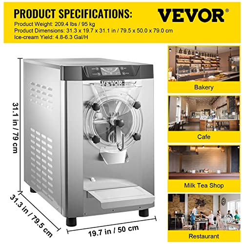 VEVOR Commercial Hard Ice Cream Machine Hard Serve Ice Cream Maker w/ 4.8-6.3 Gal/H Production Hard Ice Cream Machine w/ 1.6 Gal Cylinder Countertop Hard Yogurt Maker w/ 2000W Compressor & LCD Screen