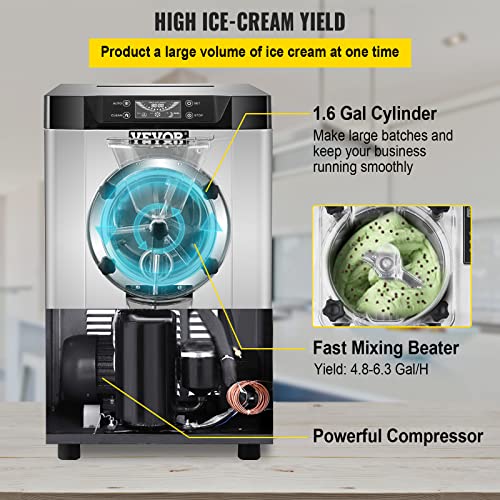 VEVOR Commercial Hard Ice Cream Machine Hard Serve Ice Cream Maker w/ 4.8-6.3 Gal/H Production Hard Ice Cream Machine w/ 1.6 Gal Cylinder Countertop Hard Yogurt Maker w/ 2000W Compressor & LCD Screen