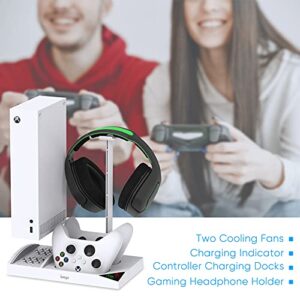 Charging Stand for Xbox Series S Console,Powerful Cooling Fan Dual Wireless Controller Charger Station Dock with 2 x 1400mAh Rechargeable Batteries Packs,Headset Holder for Xbox Series S,White