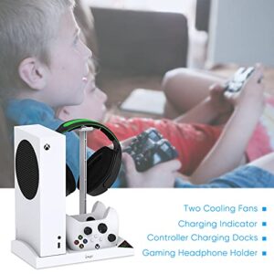 Upgraded Vertical Cooling Fan Stand for Xbox Series S, Cooler Fan System Dual Controller Charging Dock Station with 2 x 1400mAh Rechargeable Battery Pack, Headphone Bracket for Xbox Series S (White)