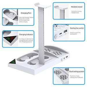 Upgraded Vertical Cooling Fan Stand for Xbox Series S, Cooler Fan System Dual Controller Charging Dock Station with 2 x 1400mAh Rechargeable Battery Pack, Headphone Bracket for Xbox Series S (White)