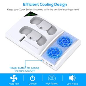 Upgraded Vertical Cooling Fan Stand for Xbox Series S, Cooler Fan System Dual Controller Charging Dock Station with 2 x 1400mAh Rechargeable Battery Pack, Headphone Bracket for Xbox Series S (White)