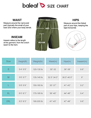 BALEAF Men's Mountain Bike Shorts Loose-fit Bicycle Shorts, Cycling 3D Padded Gel MTB Biking Lightweight SPF 50+ ArmyGreen Size XL