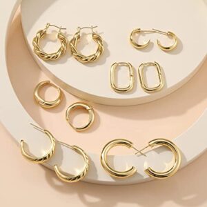 Gold Hoop Earrings Set for Women, 6 Pairs 14K Gold Plated Lightweight Hypoallergenic Chunky Open Hoops Jewelry for Gift