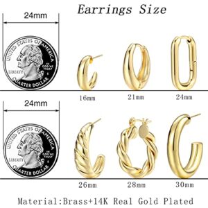 Gold Hoop Earrings Set for Women, 6 Pairs 14K Gold Plated Lightweight Hypoallergenic Chunky Open Hoops Jewelry for Gift