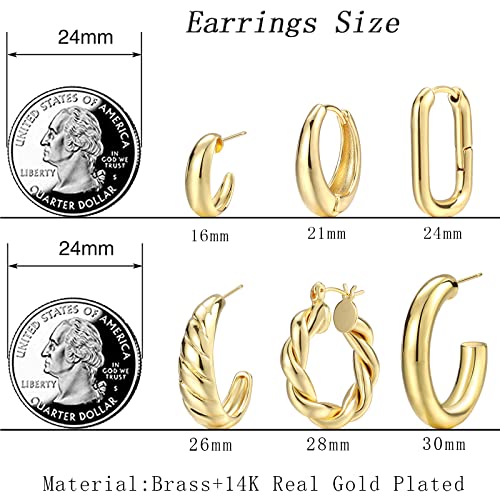 Gold Hoop Earrings Set for Women, 6 Pairs 14K Gold Plated Lightweight Hypoallergenic Chunky Open Hoops Jewelry for Gift