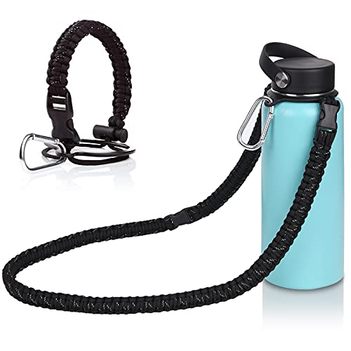 Wongeto Paracord Handle with Shoulder Strap Compatible with Hydro Flask Wide Mouth Water Bottles 12oz - 64 oz，Water Bottle Strap for Walking Biking Hiking Camping(Black 1)