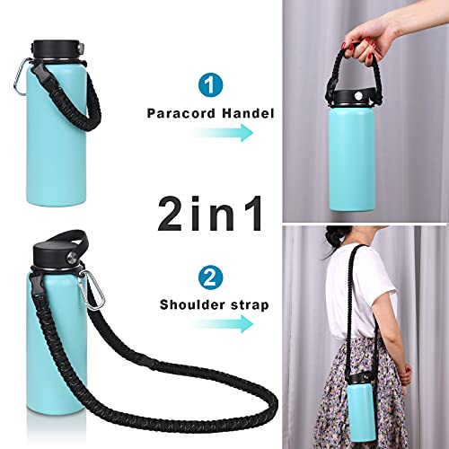 Wongeto Paracord Handle with Shoulder Strap Compatible with Hydro Flask Wide Mouth Water Bottles 12oz - 64 oz，Water Bottle Strap for Walking Biking Hiking Camping(Black 1)