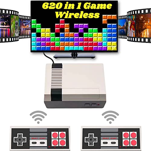 Retro Game Console, Mini Classic Game System with 2 Classic Wireless Controllers and Built-in 620 Games, RCA Output Plug & Play Childhood Mini Classic Console, Birthday Gifts.