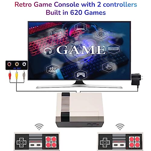 Retro Game Console, Mini Classic Game System with 2 Classic Wireless Controllers and Built-in 620 Games, RCA Output Plug & Play Childhood Mini Classic Console, Birthday Gifts.