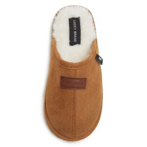 lucky brand boy's micro-suede scuff slippers, kids house shoes with plush lining - tan, size 13