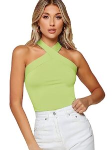 floerns women's solid criss cross halter sleeveless tee shirt top lime green s