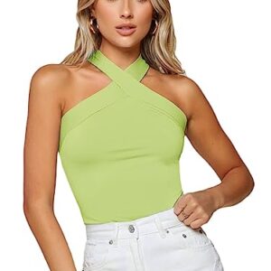 Floerns Women's Solid Criss Cross Halter Sleeveless Tee Shirt Top Lime Green S