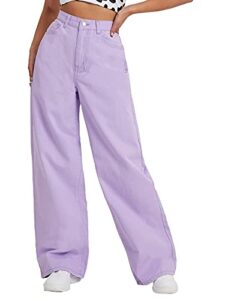 makemechic women's casual high waist jeans wide leg denim pants purple m