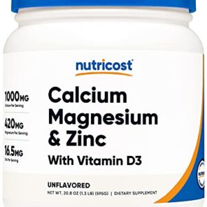 Nutricost Calcium Magnesium Zinc with Vitamin D3 Powder, 60 Servings (Unflavored) - Calcium (1000 MG) Magnesium (420 MG) Zinc (16.5 MG) Vitamin D3 (30 MCG) - Gluten Free, Non-GMO