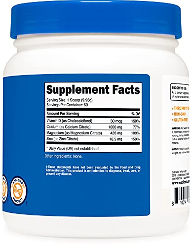 Nutricost Calcium Magnesium Zinc with Vitamin D3 Powder, 60 Servings (Unflavored) - Calcium (1000 MG) Magnesium (420 MG) Zinc (16.5 MG) Vitamin D3 (30 MCG) - Gluten Free, Non-GMO