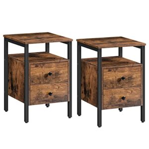 hoobro end tables set of 2, bedside table with 2 drawers and storage shelves, side end table, nightstands for living room, bedroom, accent furniture, easy assembly, rustic brown and black bf43bzp201g2