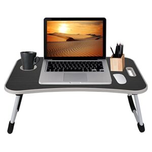 folding lap desk for bed and sofa - portable wide surface bed desk with built-in cup holder and tablet or phone slot for working, studying, eating, and watching movies (dark grey)