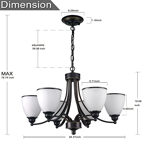 Laihezz 6-Light Large Chandelier，26" Contemporary Alabaster Glass Shades Oil Rubbed Bronze Lamps Ceiling Hanging Adjustable Light Fixtures Rustic for Dining Room Bedroom Living Room