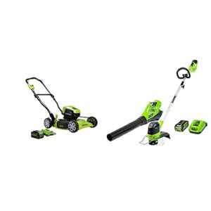 greenworks 40v 19 inch brushless cordless push mower, string trimmer and blower combo kit,two batteries and two chargers included