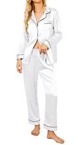 ekouaer women's silk pjs set satin long pajamas top and pants 2 pieces sleepwear with pockets(white,medium