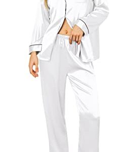 Ekouaer Women's Silk Pjs Set Satin Long Pajamas Top and Pants 2 Pieces Sleepwear with Pockets(White,Medium