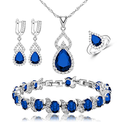 LMXXVJ Women Jewelry Set Platinum Plated Necklace Open Ring Earrings Bracelet Set,Birthday/Anniversary Mother’s Day Jewelry Gifts for Mom/Wife/Sister/Best Friend (blue, Adjustable)