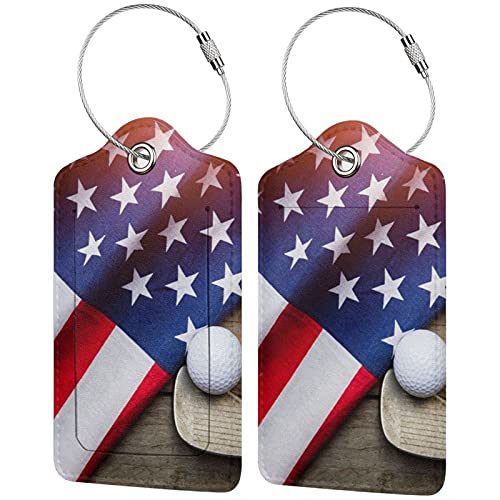 Flag Golf Luggage Tags Set of 2 Leather Stainless Steel Loop Label Tag for Travel Bag Suitcase