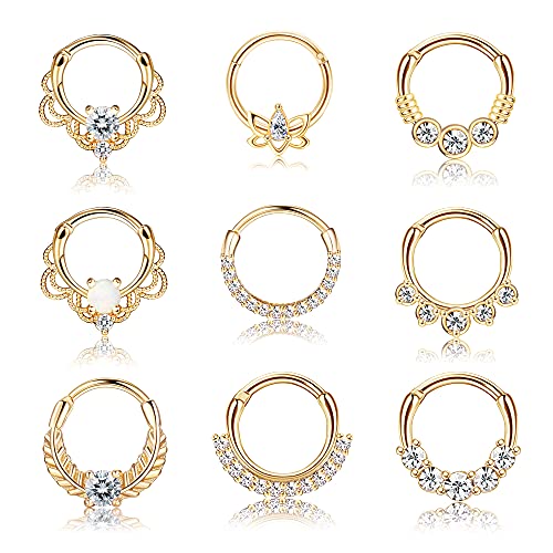 Drperfect 9PCS 16G Septum Rings Opal Daith Earrings Hoop Nose Rings 316L Stainless Steel CZ Cartilage Helix Tragus Earrings Septum Clicker Piercing Jewerly Gold Tone 10MM