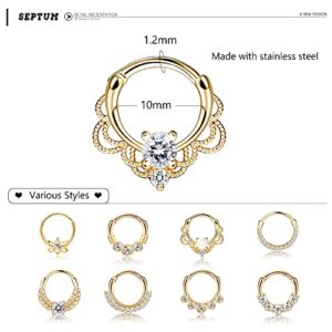 Drperfect 9PCS 16G Septum Rings Opal Daith Earrings Hoop Nose Rings 316L Stainless Steel CZ Cartilage Helix Tragus Earrings Septum Clicker Piercing Jewerly Gold Tone 10MM