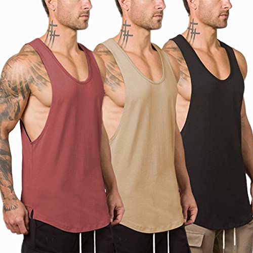 Muscle Killer 3 Pack Men's Muscle Gym Workout Stringer Tank Tops Bodybuilding Fitness T-Shirts (Black+Apricot+Dark Purple, Medium)