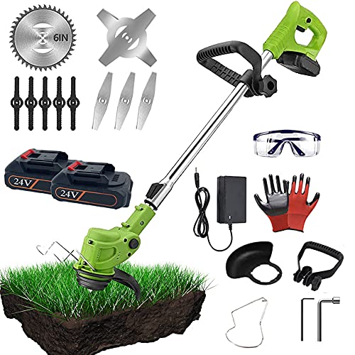 Guoguoba 24V Cordless Grass Cutter with Spare Metal Blades Electric Lawn Trimmer Weed Eater Cordless String Trimmers Telescopic Handle Garden Weed Trimmer Tool for String Mower Garden Edger-Green